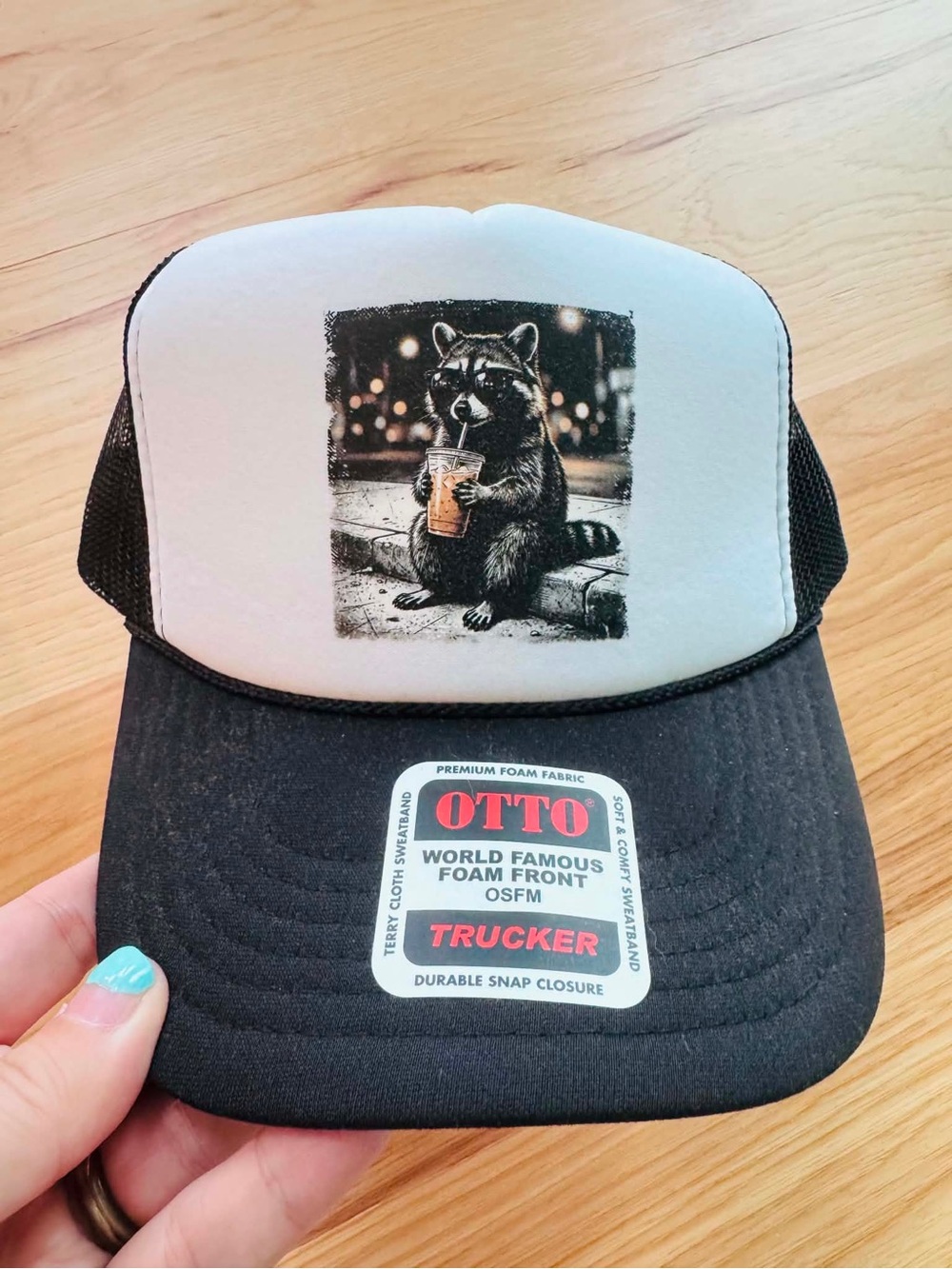 OTTO  Black and White Trucker Hat with Raccoon Graphic